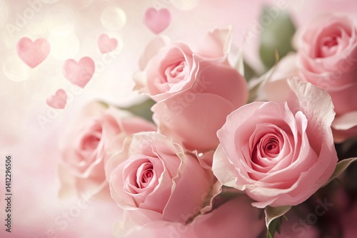 Delicate Pink Roses with Floating Hearts - Romantic Floral Image