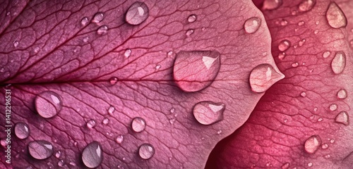 A close-up of a single rose petal, with dew droplets scattered across its velvety surface. The petala??s natural veins create intricate patterns, while the soft pink gradient shifts to dee.