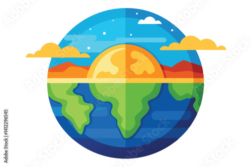 Earth Globe Stylized Flat Design with Sky, Clouds, Water and Continents