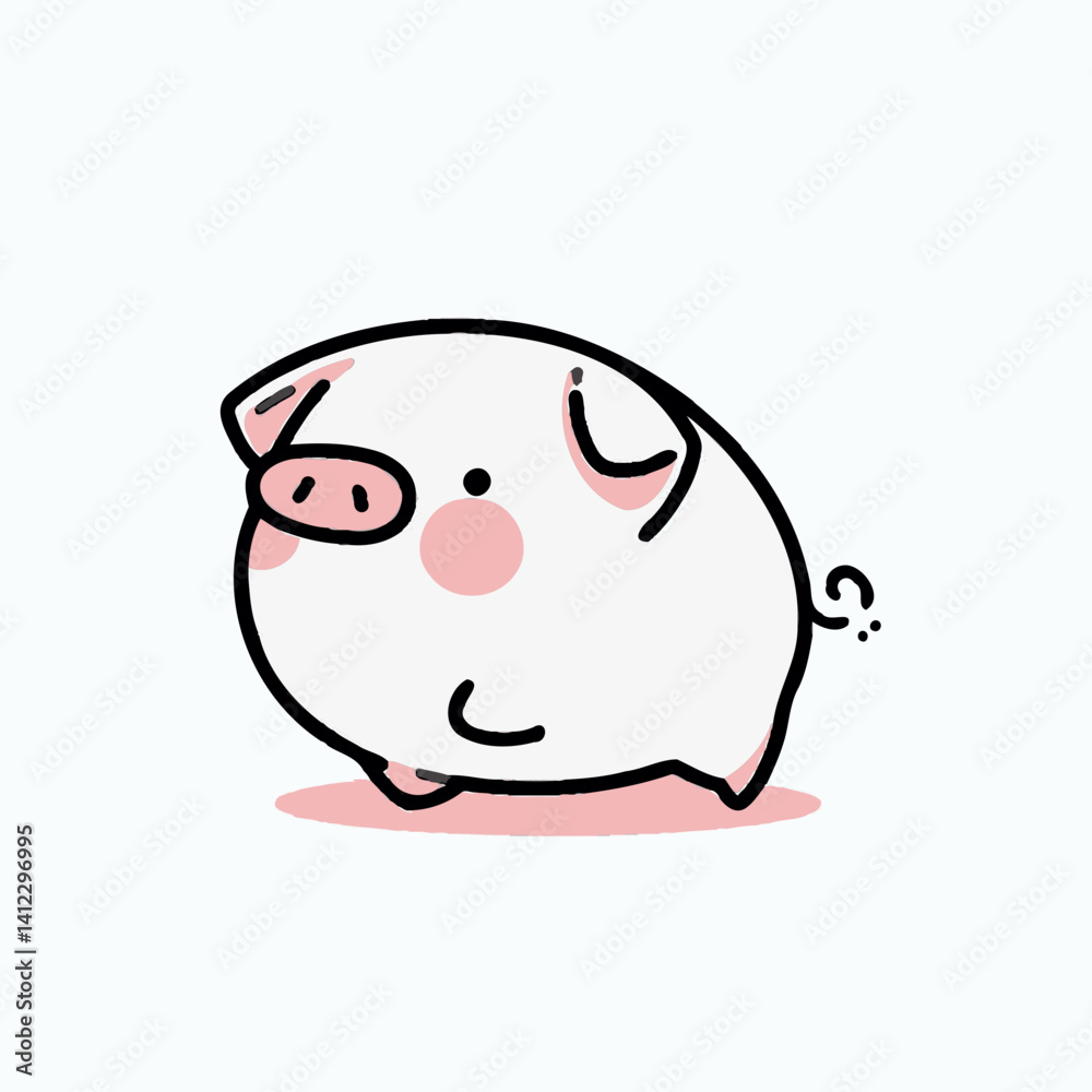 Obraz premium Round cartoon pig walking happily in minimalist style