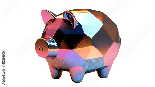 Geometric Piggy Bank: A sleek, geometric piggy bank in iridescent hues embodies savings and financial aspirations, symbolizing financial growth, prudent savings, and future investment.