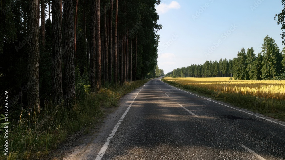 Obraz premium Empty road through pine forest, golden field background