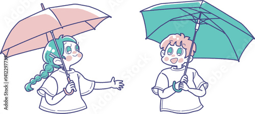 傘をさす2人の子どものイラスト