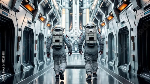 Astronauts in spacesuits walking through futuristic spacecraft corridor. Sci-fi spaceship interior with metallic design and bright lighting, rear view of space mission crew approaching airlock.