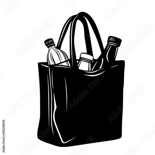 Black and White Sticker of a Bag Filled with Beverage Bottles