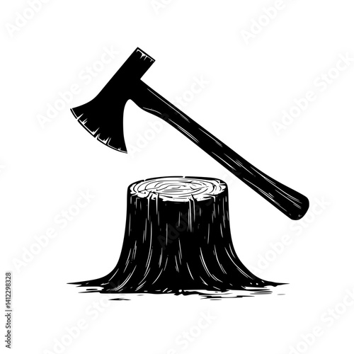 Axe Above Wooden Stump in Black and White Style