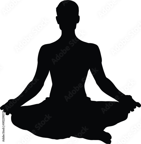 Silhouette of a woman sitting in lotus position on lotus flower background. Girl doing yoga and meditating. Meditation and healthy lifestyle. Vector illustration
