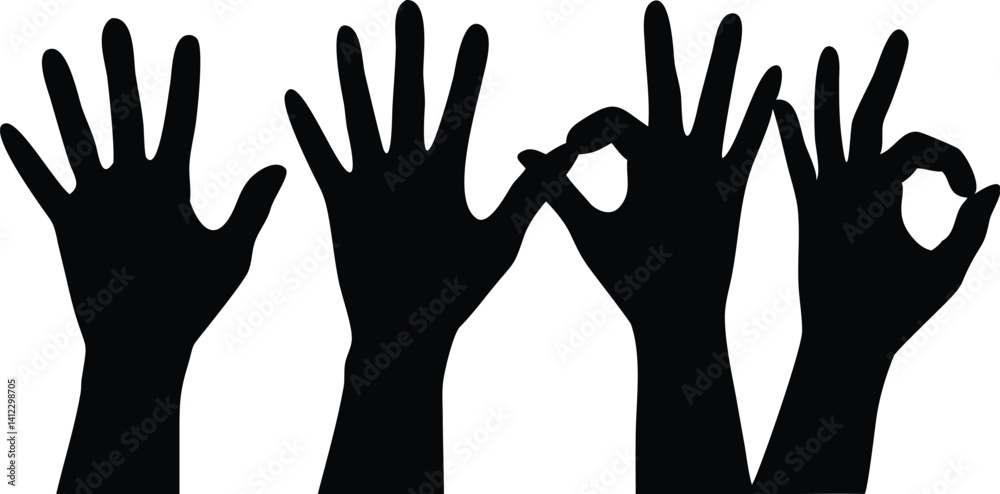 Four Black Human Hands Expressing Open Palm and OK Gesture on Transparent Background Four Black Human Hands Expressing Open Palm and OK Gesture on Transparent Background
