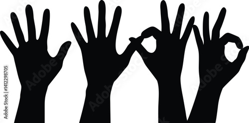 Four Black Human Hands Expressing Open Palm and OK Gesture on Transparent Background