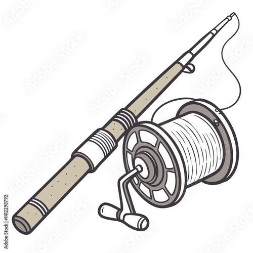 Detailed line art illustration of a fishing rod and reel angling equipment