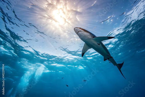 A white-faced shark swimming in profile in a large tank in the bottom of a fish tank in the aquarium