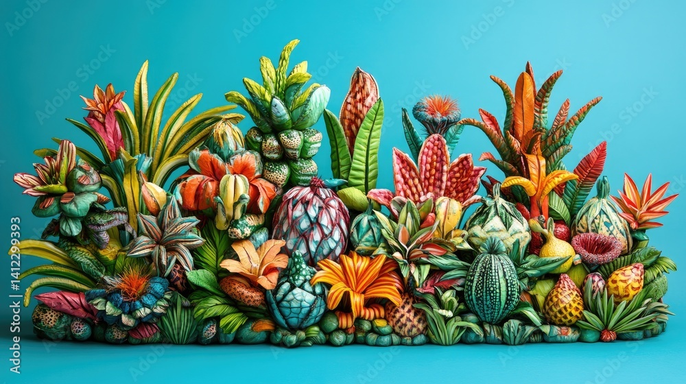 Obraz premium Colorful sculpted tropical garden of fantastical plants.