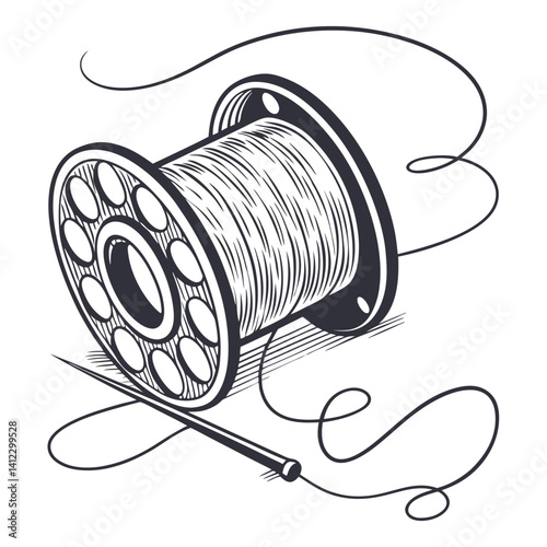 Engraved style illustration of a sewing spool with thread and needle isolated