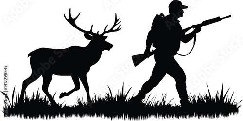 Hunter Silhouette with Rifle Stalking Deer through Grass on Transparent Background
