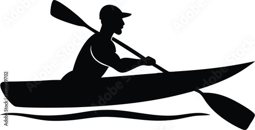 Kayaker Silhouette Paddling Boat on Water with Oar in Transparent Design