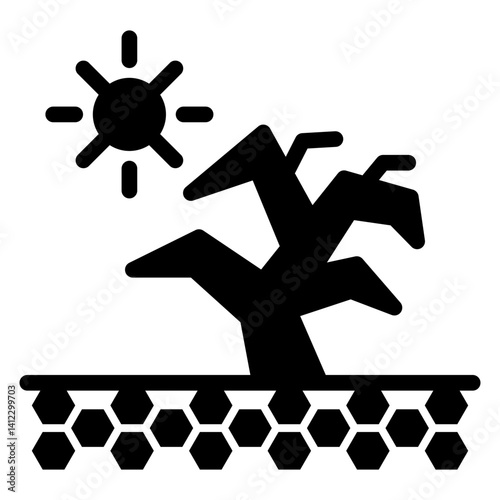 Scorched desert dry weather solid icon, insurance event concept. Vector graphics. Sun with tree and hot sand dust sign on white background, glyph style mobile or design.