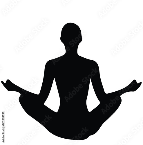 Silhouette of a woman sitting in lotus position on lotus flower background. Girl doing yoga and meditating. Meditation and healthy lifestyle. Vector illustration
