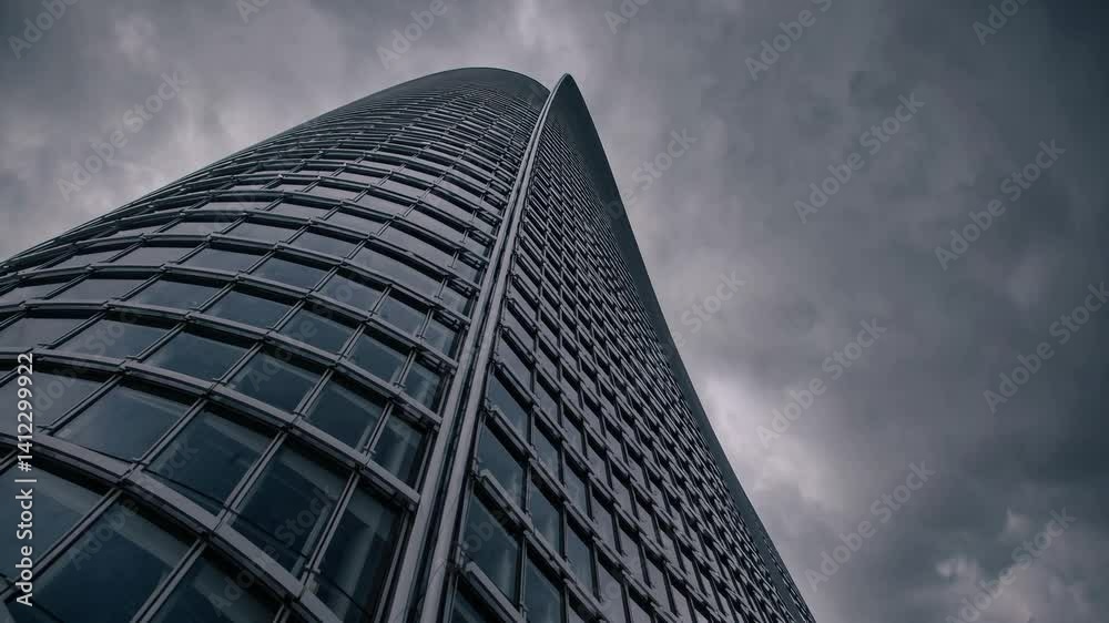 A Dramatic Perspective of a Modern Skyscraper Reaching into the Cloudy Sky, Showcasing Its Sleek Glass Facade and Architectural Brilliance A Dramatic Perspective of a Modern Skyscraper Reaching into the Cloudy Sky, Showcasing Its Sleek Glass Facade and Architectural Brilliance