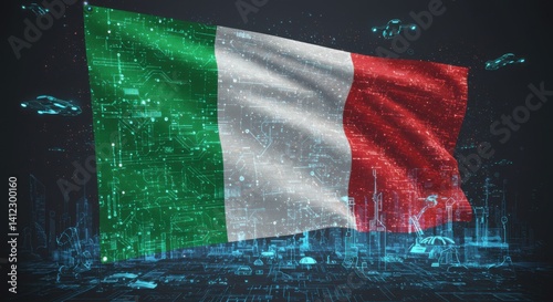 Futuristic Italian Flag with Technological Landscape