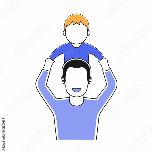 A happy father playfully lifting his child high in the air, a joyful moment of pure parental love depicted in a minimalist blue and orange color scheme.