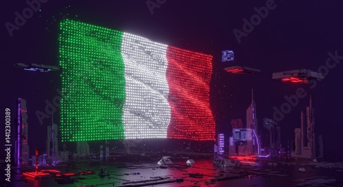 Futuristic Italian Flag with Technological Landscape