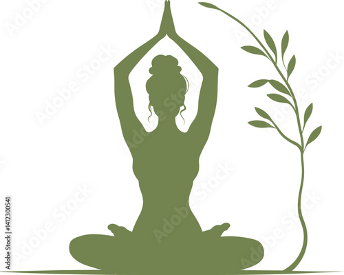 Silhouette of a woman sitting in lotus position on lotus flower background. Girl doing yoga and meditating. Meditation and healthy lifestyle. Vector illustration
