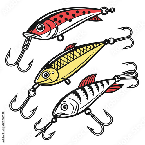 Fishing lure illustration set of baits with hooks for angling in vector