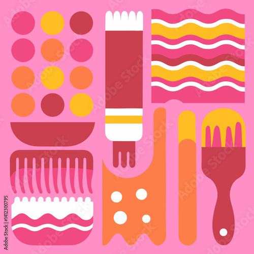 A vibrant collection of art supplies playfully arranged, celebrating creativity and self-expression with bold pink, orange, and red tones.