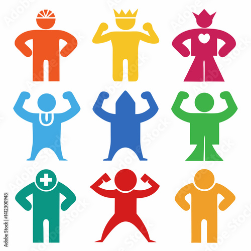 A vibrant collection of empowered figures showcasing diverse strengths and identities with bold flat color design and simple iconography.