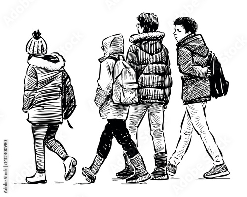 Sketch of four teenager students walking together outdoors, realistic vector hand drawn illustration isolated on white