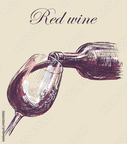 Sketch of red wine poured from bottle into glass, vector hand drawn illustration, lettering