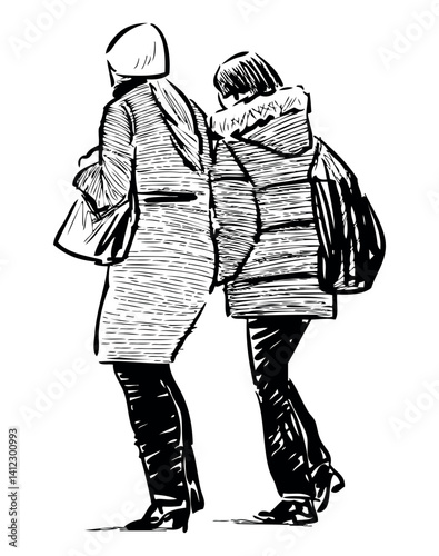 Sketch of two casual city girls walking together outdoors, realistic vector hand drawn illustration isolated on white