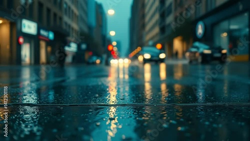 Wallpaper Mural City Street in the Rain at Night with Reflections on Wet Asphalt, Blurred Lights from Cars and Buildings in Urban Downtown Torontodigital.ca