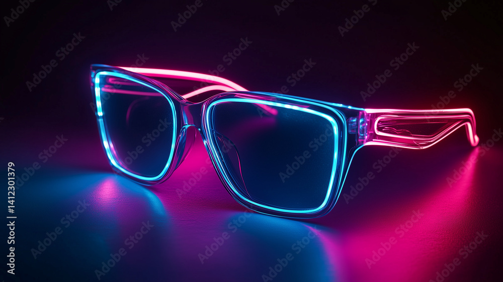 Retro Square Glasses with Neon Blue and Pink Light on a Dark Surface Retro Square Glasses with Neon Blue and Pink Light on a Dark Surface