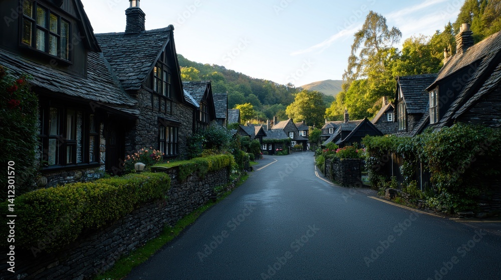 Fototapeta premium English village street at sunrise, stone houses, lush greenery