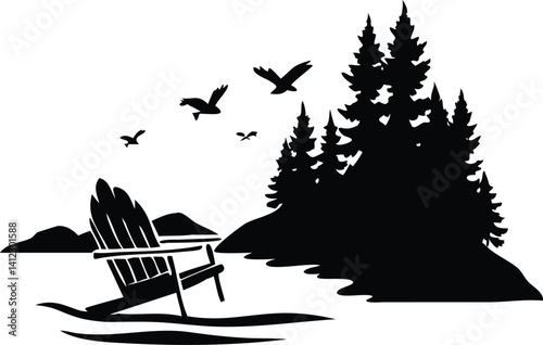 Scenic Lakeside with Adirondack Chair, Flying Birds and Pine Tree Black Silhouette