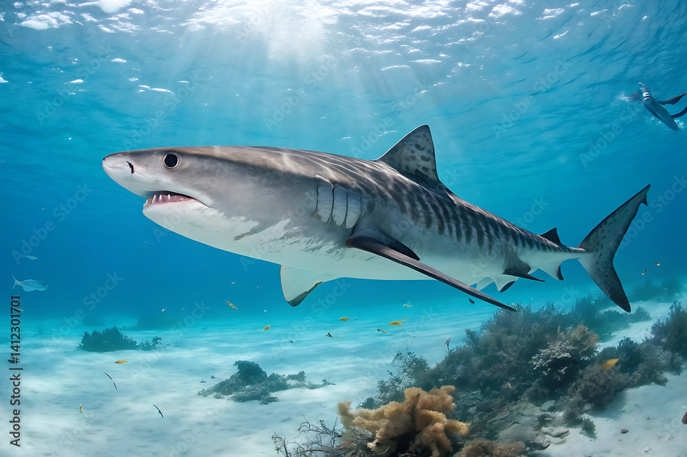 Obraz premium A white-faced shark swimming in profile in a large tank in the bottom of a fish tank in the aquarium