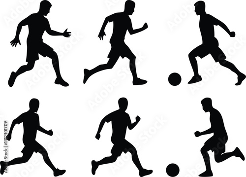 Set of Caucasian soccer player silhouette running and kicking ball on white