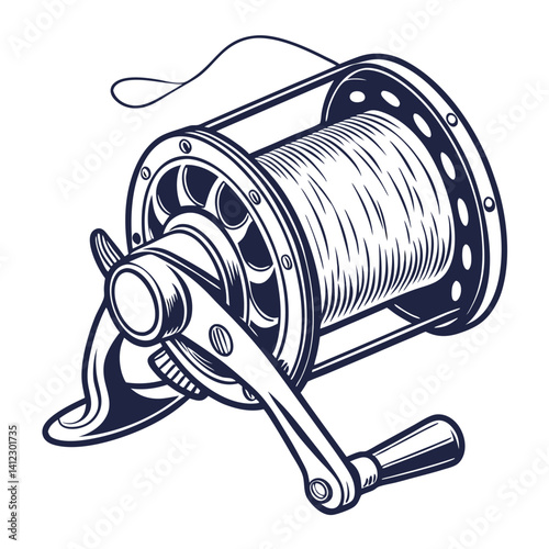 Fishing reel illustration detailed graphic angling equipment for sport fishermen design
