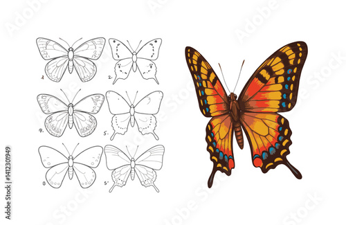 Gorgeous butterflies fluttering in lush floral landscape