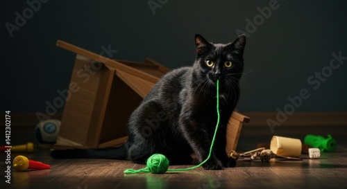 Guilty Cat with String and Destroyed Items