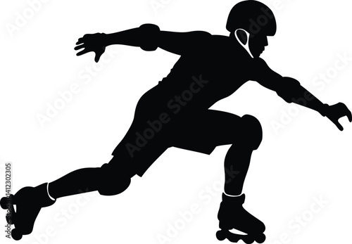 Silhouette Man in Full Protective Gear Inline Skating on Transparent Background