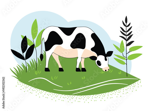 A spotted cow is grazing in a meadow.