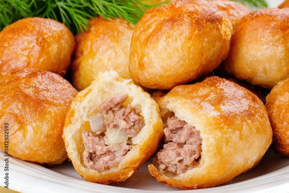 Pirozhki (Russia) A plate of freshly baked pirozhki with golden, shiny crusts. The filling, a mix of spiced beef and onions