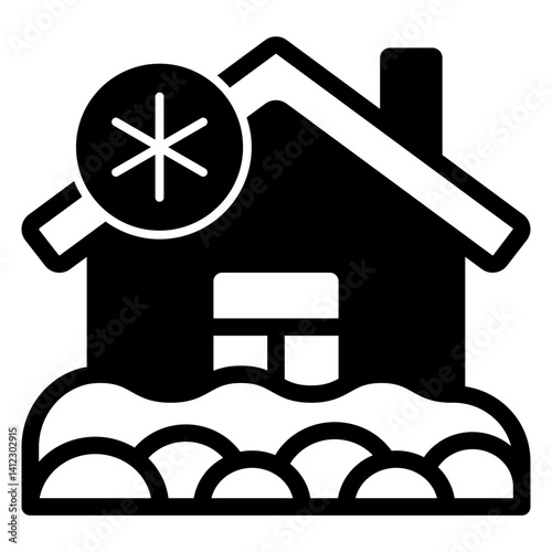 House covered with snow solid icon, insurance event concept. Vector graphics. Building and snowflake, cold temperature sign on white background, glyph style mobile or design.