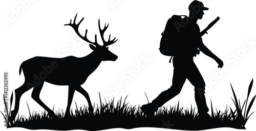 Silhouette of Deer and Man with Backpack Walking on Grass, White Background