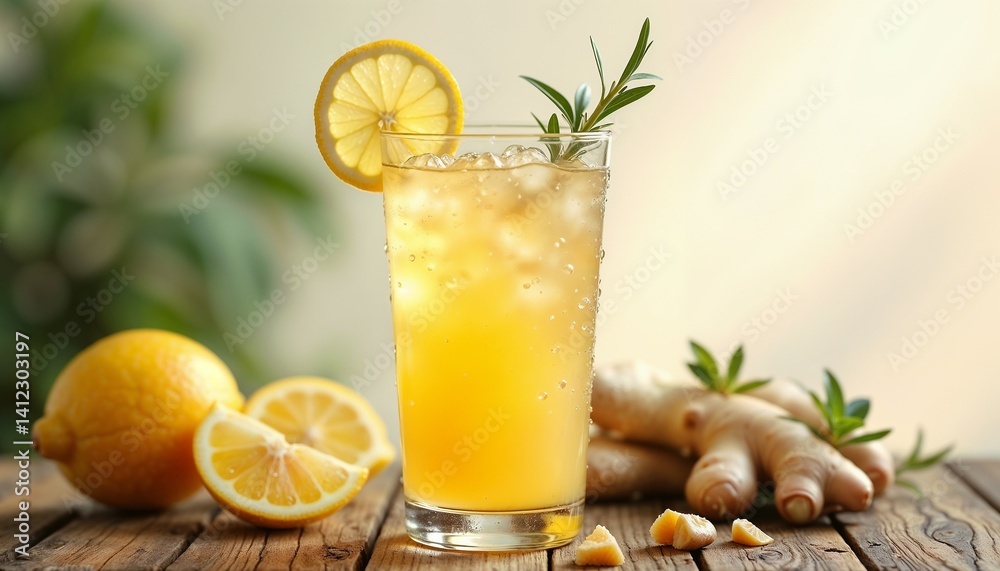 Refreshing ginger lemon drink garnished with herbs on wooden table