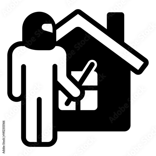 Thief man with mask at house solid icon, insurance event concept. Vector graphics. Cottage building theft crime risk sign on white background, glyph style mobile or design.