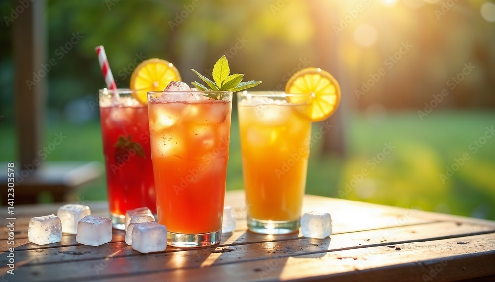 Refreshing summer beverages served in tall glasses at a sunny outdoor gathering