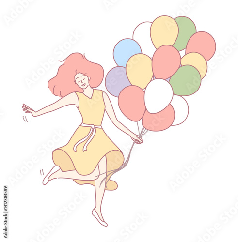 A cheerful girl floats gently in the air with pastelcolored balloons, evoking feelings of joy and celebration
